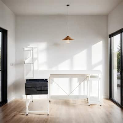 94.5" L Shape Home Office Desk with Storage Shelves and Stool