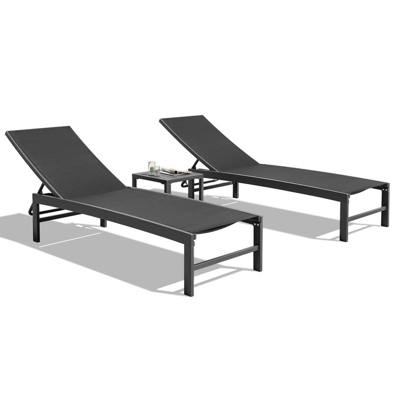 Outdoor Aluminum Chaise Lounge Chairs and Side Table, Sun Lounger with Adjustable Backrest - Black Fabric, Black Frame