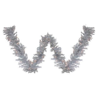 9' x 12" Pre-Lit Silver Tinsel Artificial Christmas Garland Clear Lights