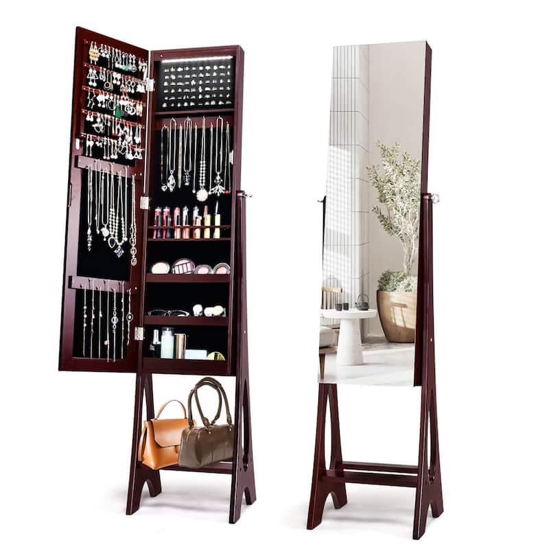 Freestanding Jewelry Cabinet Armoire Organizer with 5 Lined Shelves and Full Size Mirror - 14.5" x 13.5" x 61" (L x W x H)