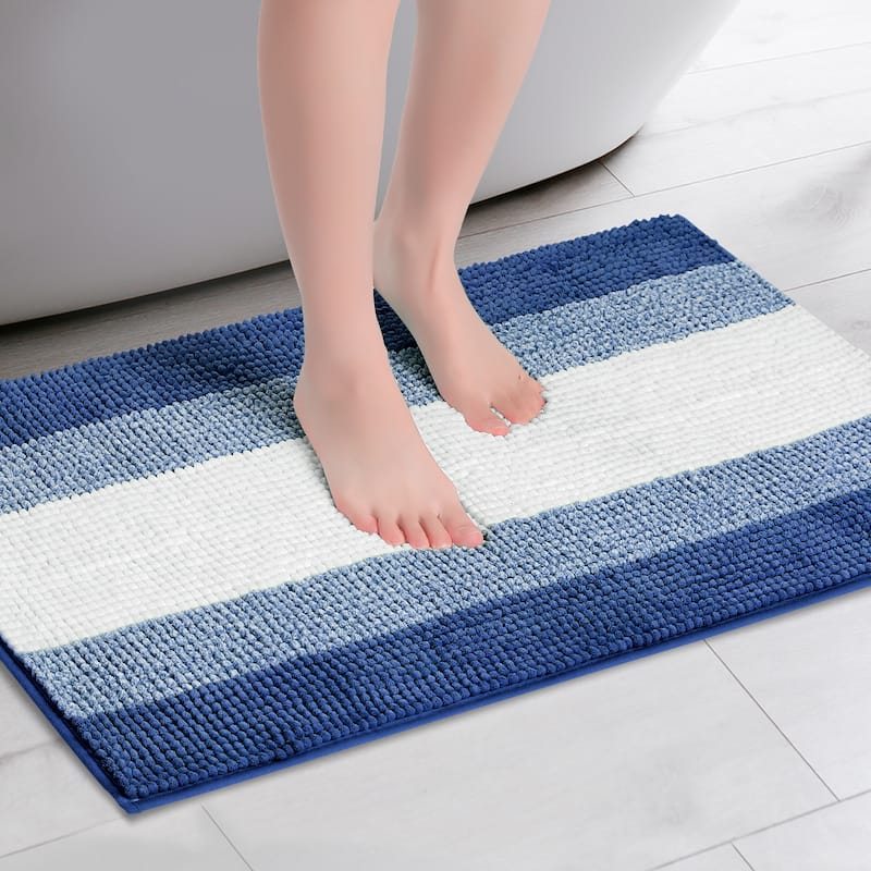 Bathroom Rug, Extra Soft and Absorbent Chenille Bath Rug Fluffy Striped Bath Mat with Non Sllip Backing Floor Mat - Dark Blue
