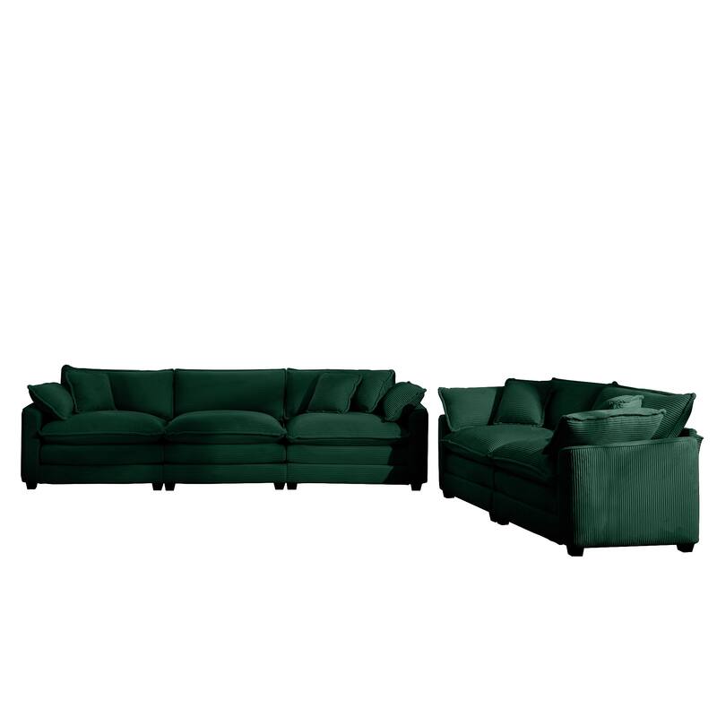 Corduroy Fabric Deep Seat Sofas Set with Throw Pillows, 3+2 Seater Flexible Combinations Sofa with Removable Armrests - Green