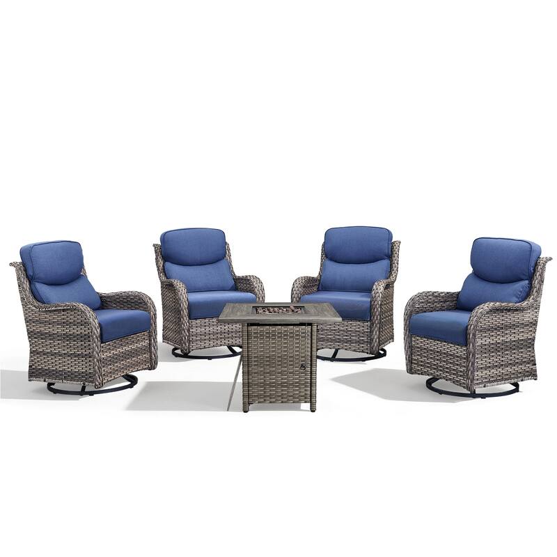 Meyreso 5-Piece Outdoor Patio Wicker Fire Pit 4 person Conversation Set with 5-Inch Thick Cushions