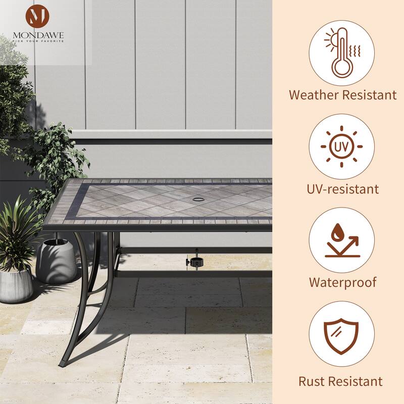 Aluminum Rectangle Patio Dining Table for 6 Seating Metal Steel Slat with Umbrella Hole