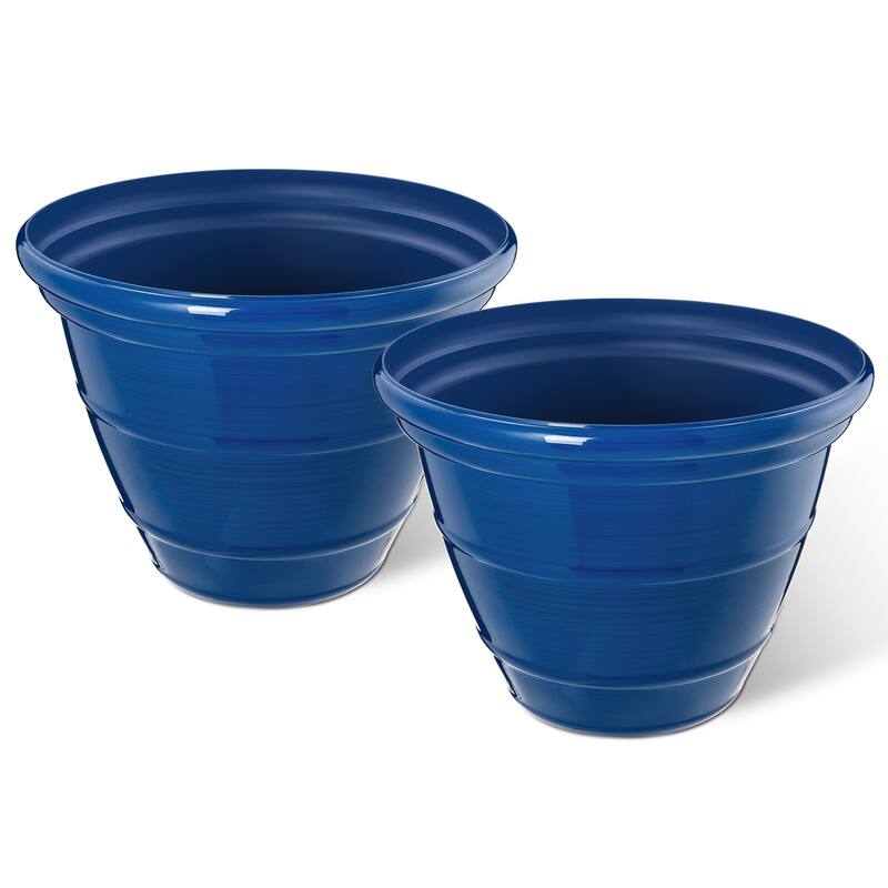 Glitzhome Set of 2 Round Cobalt Blue/Turquoise/Red Faux Ceramic Pot Plastic Planter