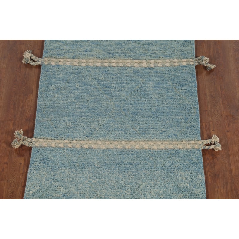 Light Blue Striped Moroccan Modern Runner Rug Hand-Knotted Wool Carpet - 3'0"x 15'8"