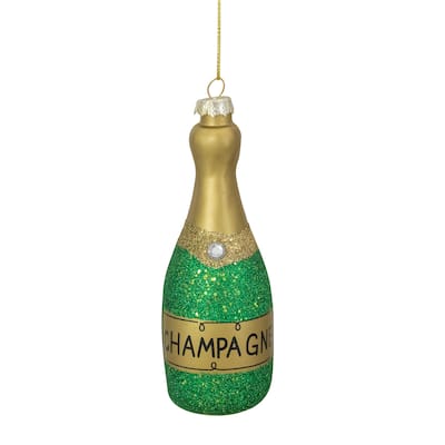 5" Gold and Green Glass Champagne Bottle Christmas Ornament