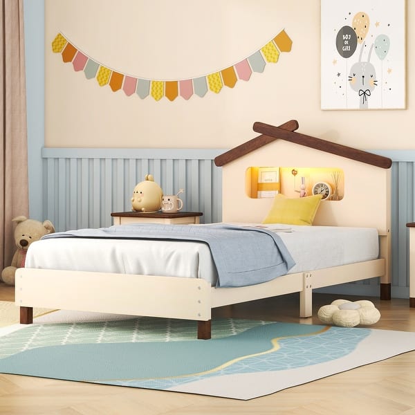 slide 2 of 50, Wood Bed Frame w/ House-Shaped Headboard & Motion Activated Night Lights for Kids Cream - Twin