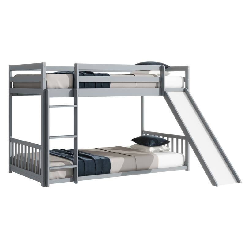 Twin Over Twin Floor Bunk Bed with Slide, Ladder, Door, Safety Guardrails, Solid Pine Wood, Grey