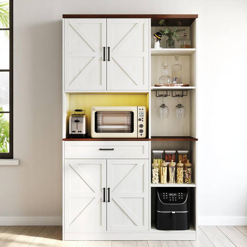 71" Buffet Sideboard with Hutch and Drawers, Kitchen Pantry Storage Cabinet with Charging Station and Wine Rack - Brown White