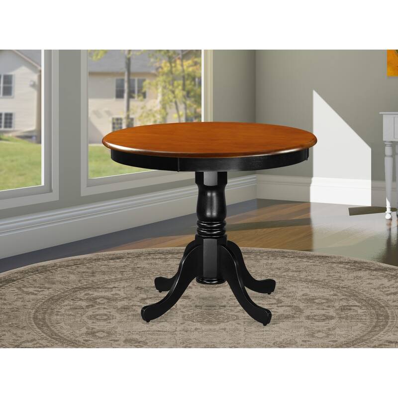 East West Furniture Kitchen Dining Table - a Round Solid Wood Table Top with Pedestal Base, 36x36 Inch, (Finish Options) - ANT-BLK-TP