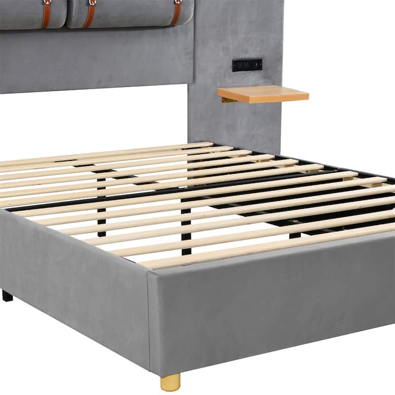 Full or Queen Size Velvet Upholstered Platform Bed with USB Charging