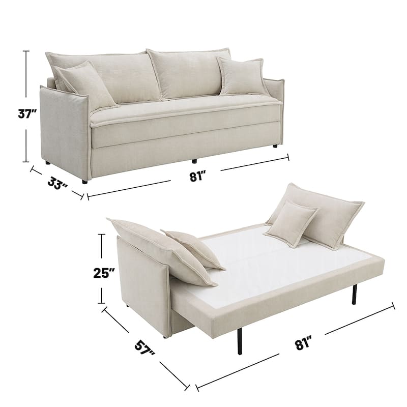 Chenille Upholstered Sofa with Pull-Out Sleeper Design in Beige