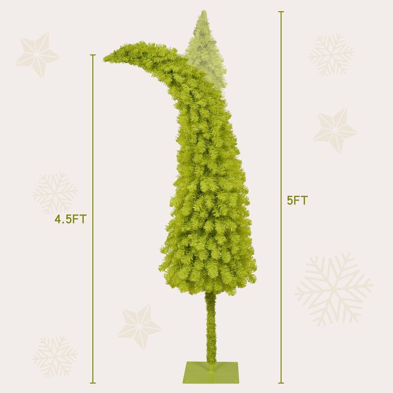 Hinged Fir Artificial Bent Top Tree - Santa Hat Style, LED Lights, Lush Branches, Holiday Decor - Green,White