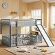 preview thumbnail 1 of 37, Twin Over Twin Floor Bunk Bed with Slide, Ladder, Door, Safety Guardrails Grey