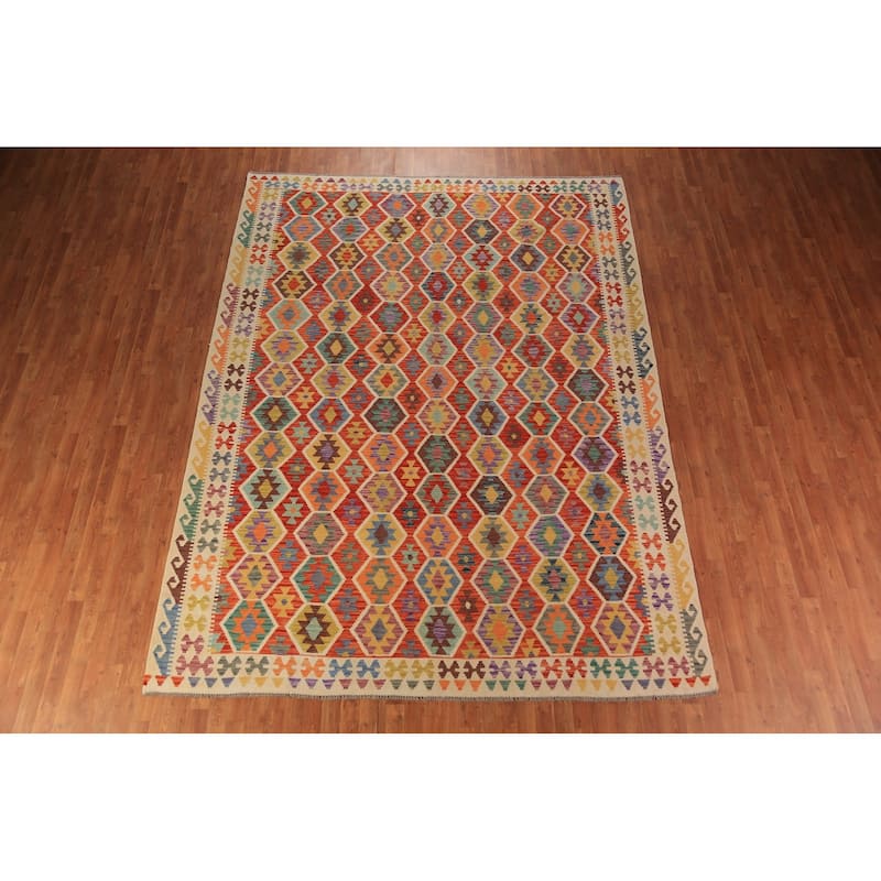 Orange Kilim Oriental Area Rug Flatweave Reversible Wool Carpet - 8'6"x 11'6"