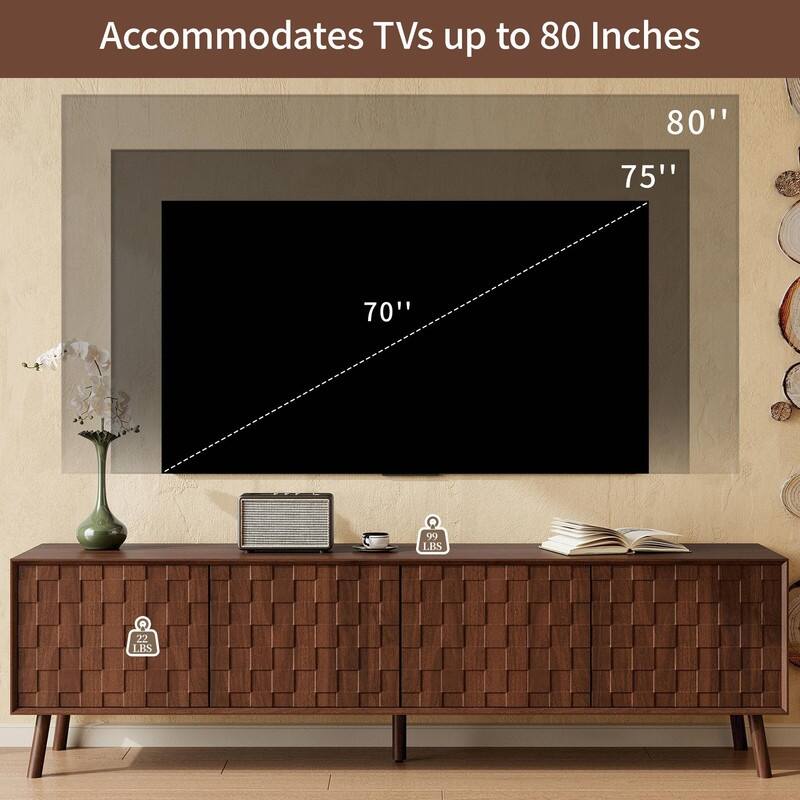 70" Modern TV Stand for TVs up to 80", Entertainment Center with Solid Wood Legs, Soft-Closing Hinges & Cable Management