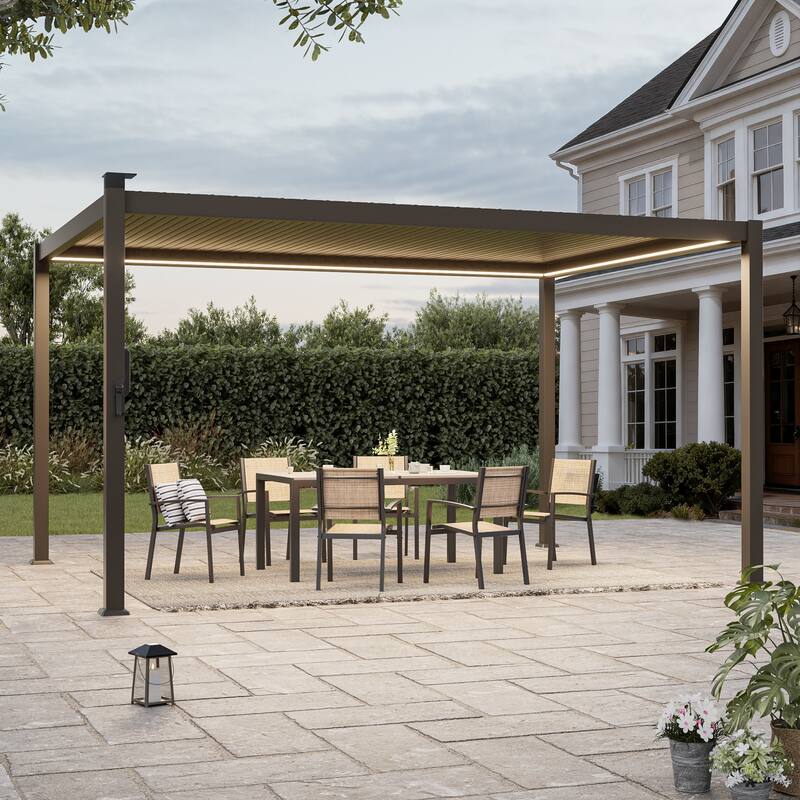 Outdoor Metal Louvered Pergola with LED Strip Lights - 10' x 13' - Brown