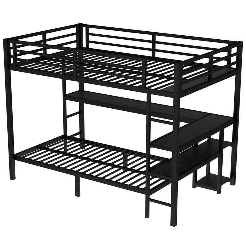 Full Over Twin Bunk Bed with Desk, Shelves, LED, and USB, Black