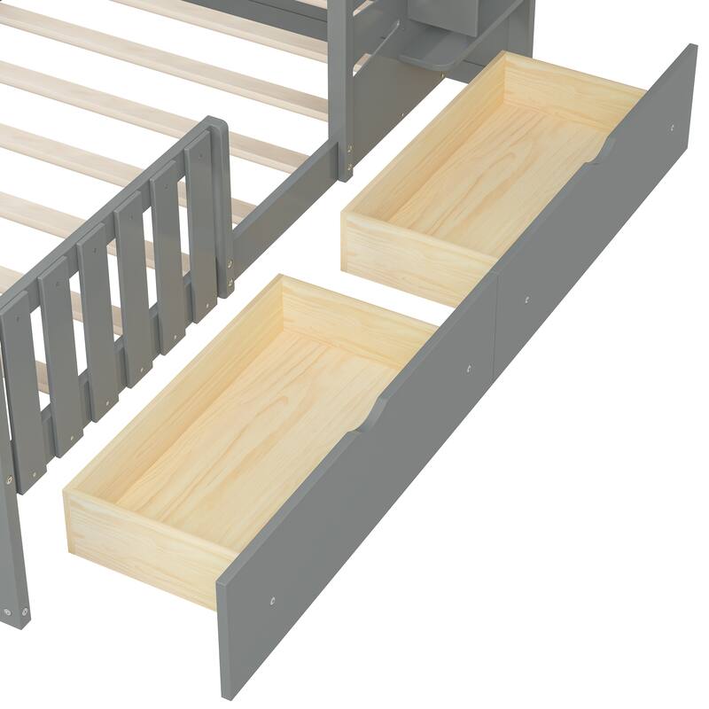 Twin Size House Bed with Guardrails, Storage Drawers, Roof, and Window Design