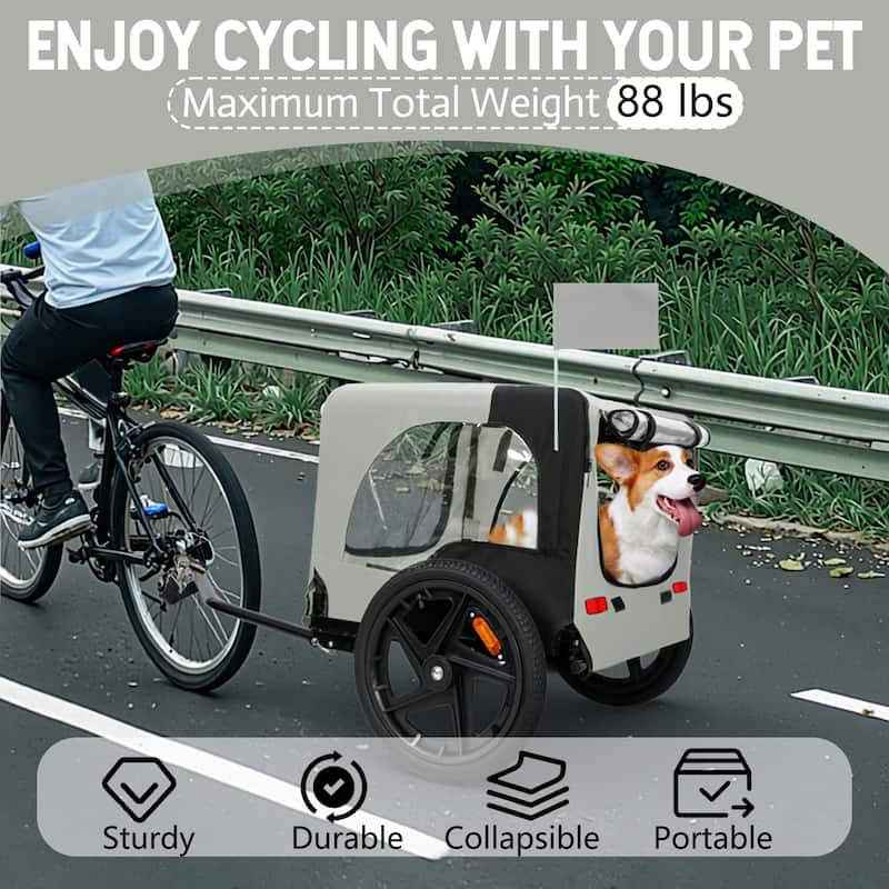 Heavy Duty Collapsible Pet Bike Trailer with 16" Wheels, Foldable Dog Bicycle Carrier Cart with Hitch & Reflectors