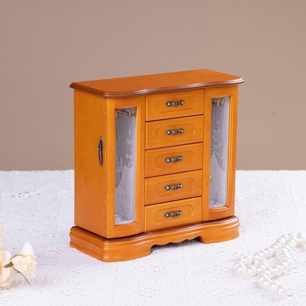 slide 2 of 25, Stufurhome Solid Wooden Jewelry Box with 5-Drawers Built-in Necklace hook and Mirror Brown Brown