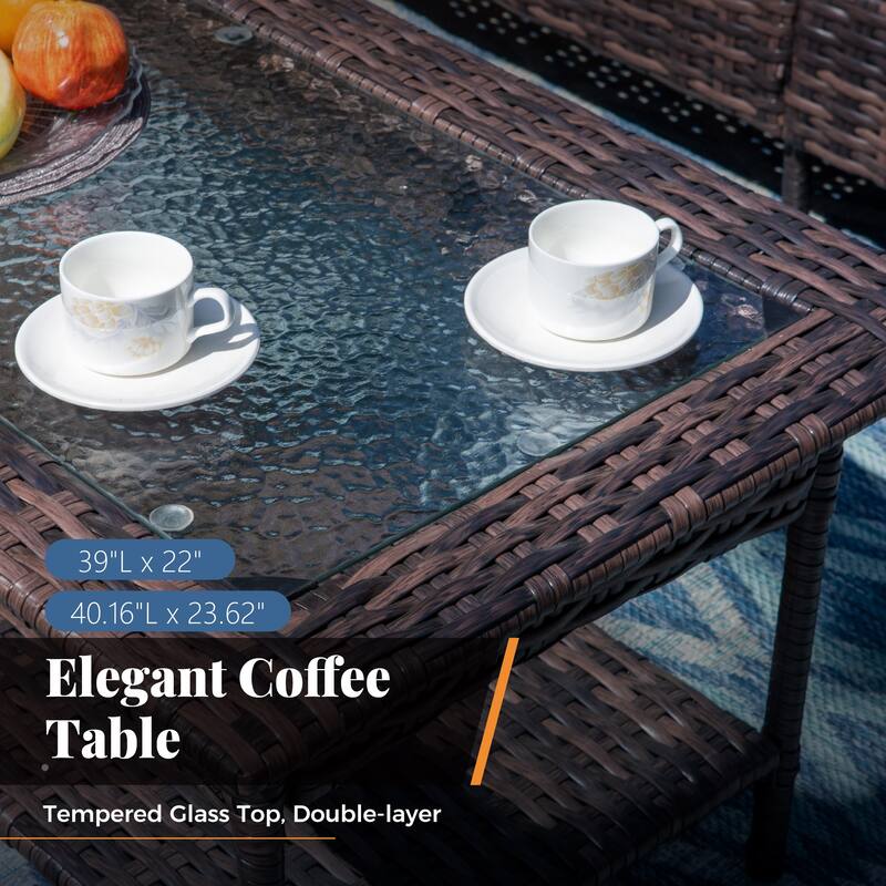 MAISON ARTS Patio Wicker Sofa Conversation Set with 50,000 BTU Fire Pit Table , Oversize Seat with 5.5'' Thick Padded Cushion