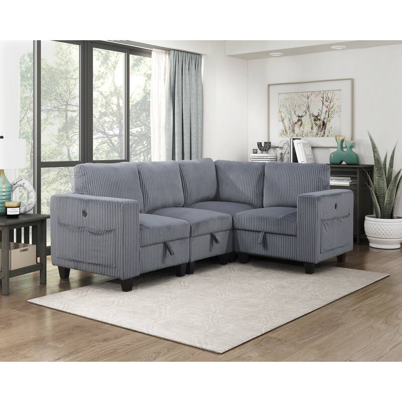 4-Piece Modular Sectional with Storage, Pockets, Ports in Gray Corduroy, Wood