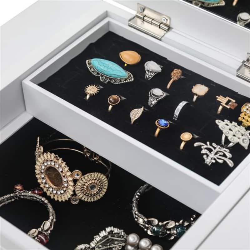 Standing Jewelry Armoire with Mirror, 5 Drawers & 14 Necklace Hooks, Jewelry Cabinet Chest with Removable Ring Storage Slot and