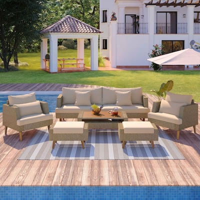 6-Piece PE Rattan Sofa Set with Cushions and Coffee Table