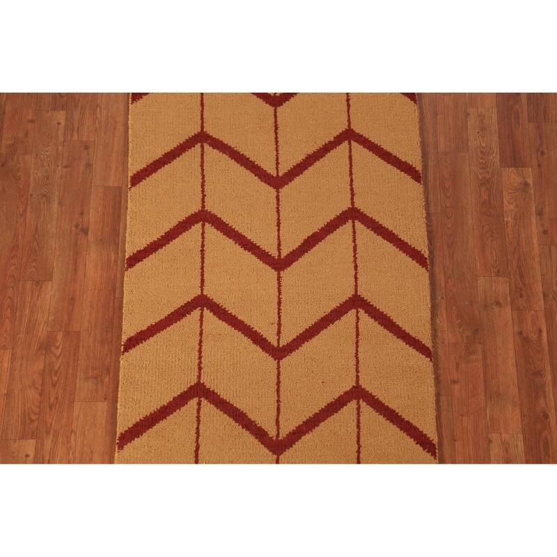 Hand Knotted Oriental 100% Wool Carpet Modern Geometric Oranges & Rust Moroccan Runner Rug - 9' 10'' X 2' 9''