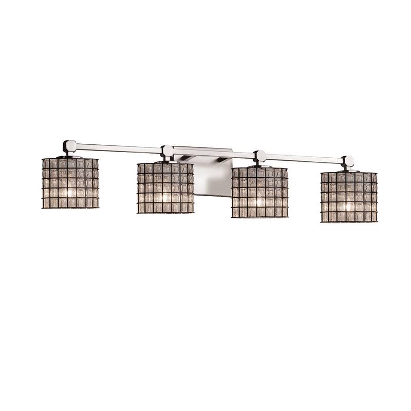 Wire Glass Tetra 4-Light Brushed Nickel Bath Bar, Grid with Clear Bubbles Oval Shade