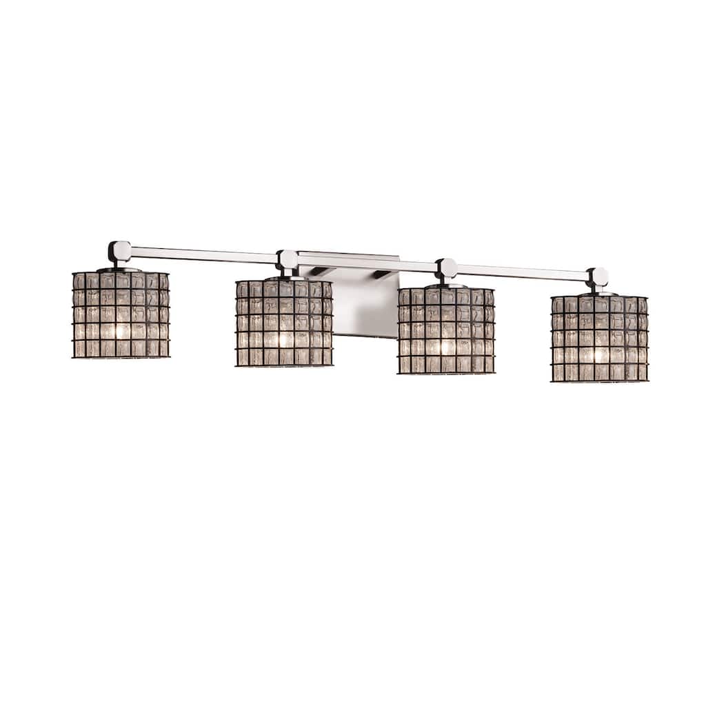 Wire Glass Tetra 4-Light Brushed Nickel Bath Bar, Grid with Clear Bubbles Oval Shade