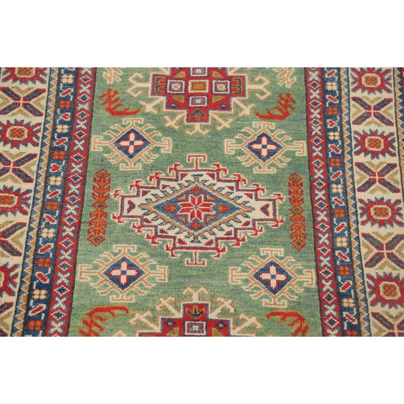 Green Geometric Kazak Foyer Rug Handmade Wool Carpet - 3'1" x 4'11"