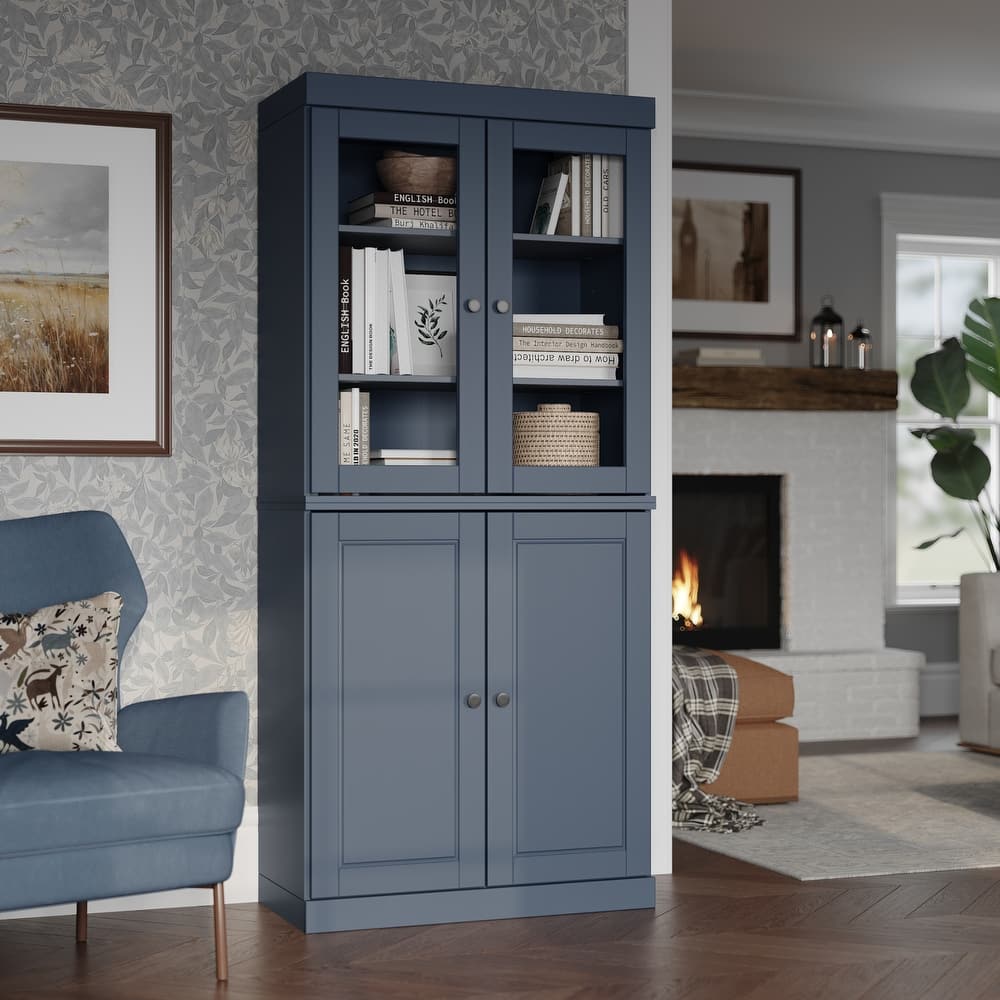 Palace Imports Solid Wood 6-Shelf Bookcase, Raised Panel Clear Glass Doors, Adjustable Shelves