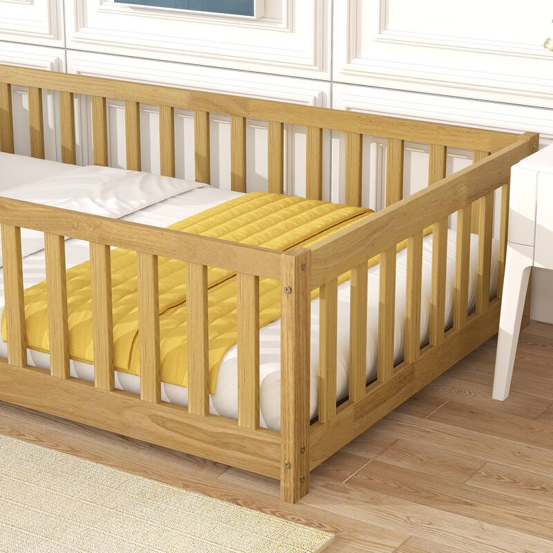 Twin Size Floor Bed with Fence and Door, Safety Guardrails