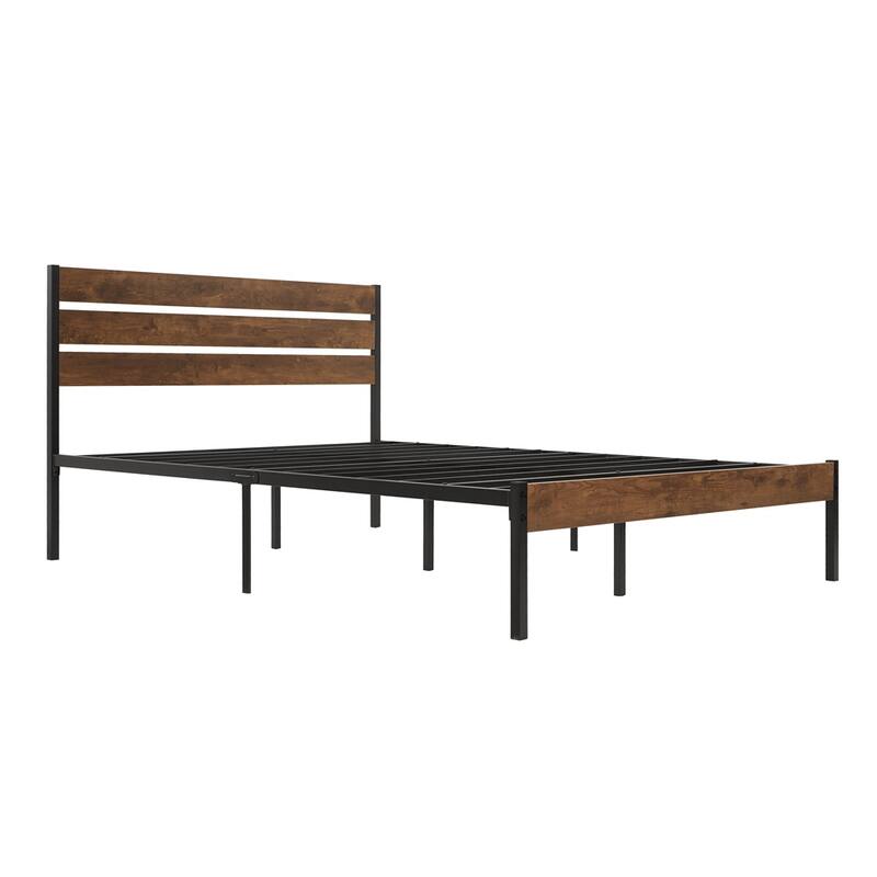 Wood Platform Bed Frame with Headboard and Metal Frame