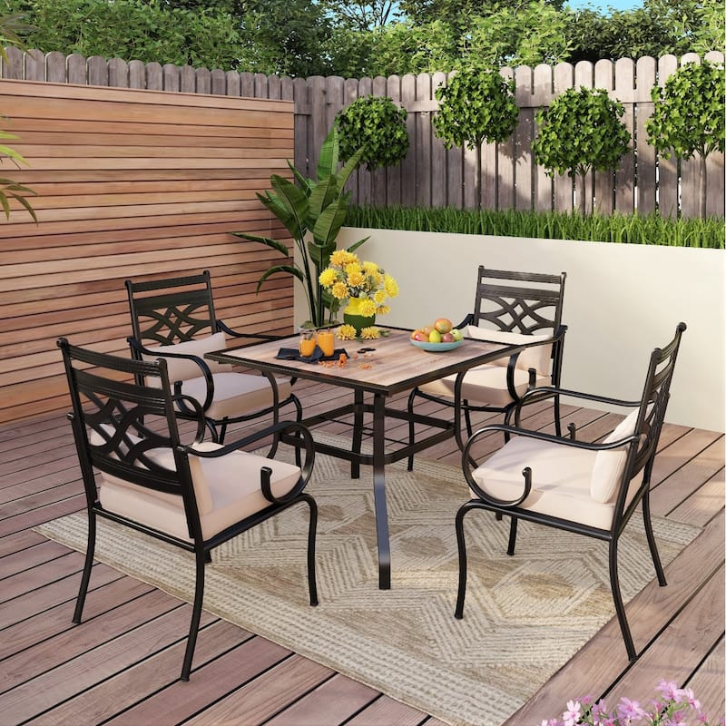 MAISON ARTS Wood-look Table and 4 Pattern Swivel Chairs with Cushion 5-Piece Metal Outdoor Patio Dining Set - Fixed Chairs