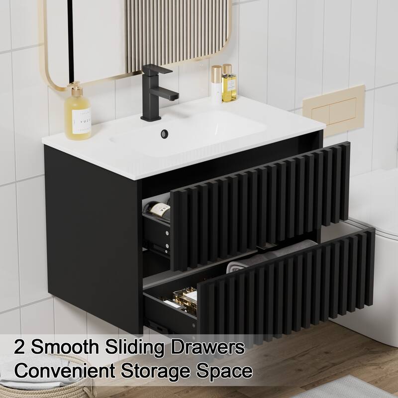 Wall Mounted Bathroom Vanity Set Mid-Century Storage Cabinet with Ceramic Sink