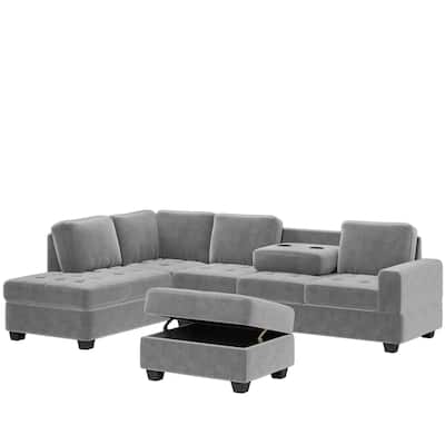Modern Sectional Sofa with Reversible Chaise, L Shaped Couch Set with Storage Ottoman and Two Cup Holders