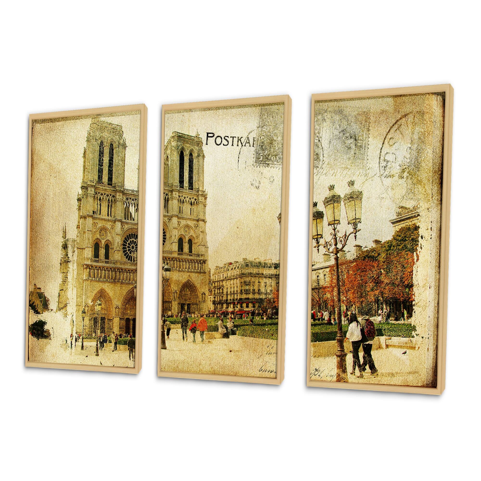 Designart "Notre Dame Cathedral Vintage Card" Cityscape Framed Canvas