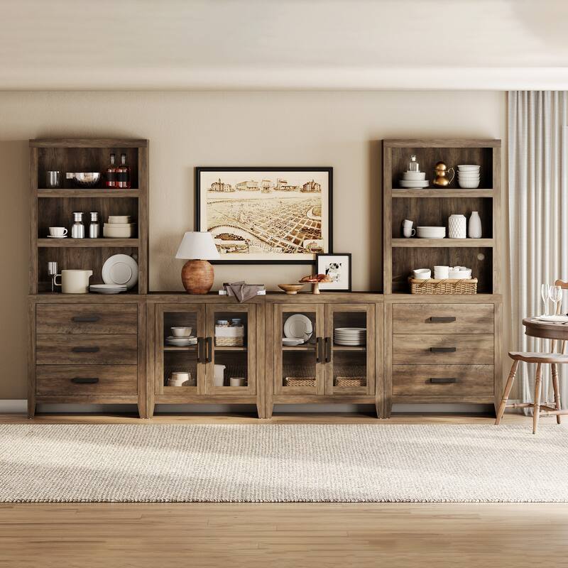 WAMPAT Farmhouse Entertainment Center with Bookshelves, Modular TV Stand with Drawers & Glass Doors - 126"W x 72.2"H x 15.4"D