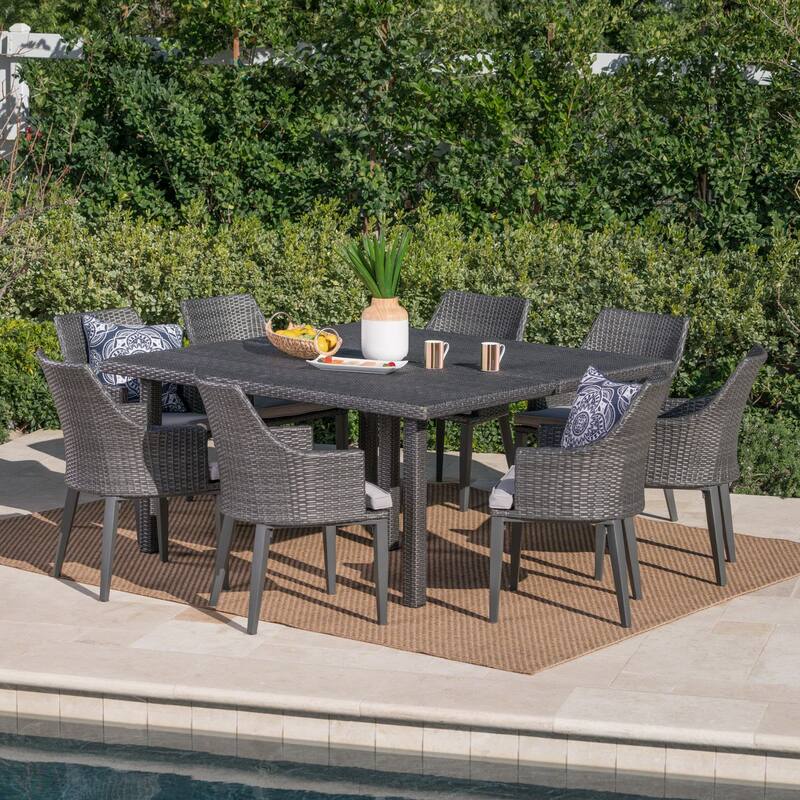 Arnell Outdoor 9-piece Square Wicker Dining Set with Cushions by Christopher Knight Home - Grey