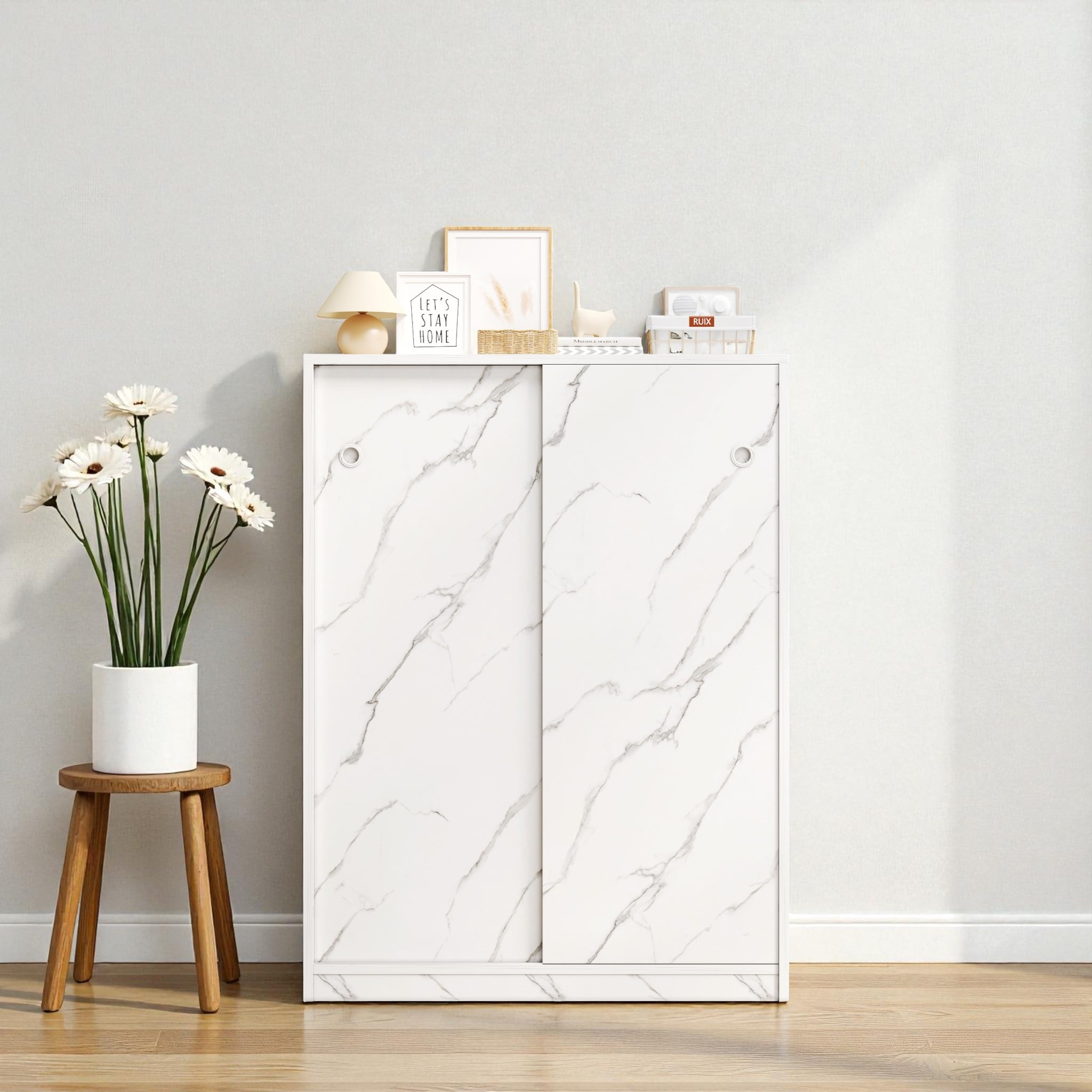 31.5" Marble Shoe Cabinet with Sliding Door, 6-Layer Large Capacity Freestanding Shoe Organizer for Entryway and Hallway