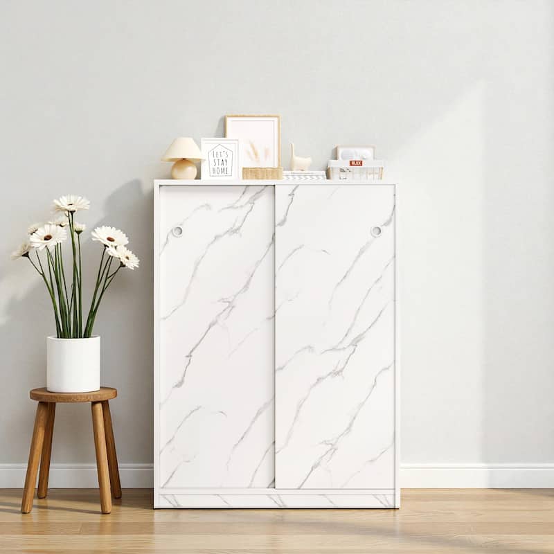 31.5" Marble Shoe Cabinet with Sliding Door, 6-Layer Large Capacity Freestanding Shoe Organizer for Entryway and Hallway - White