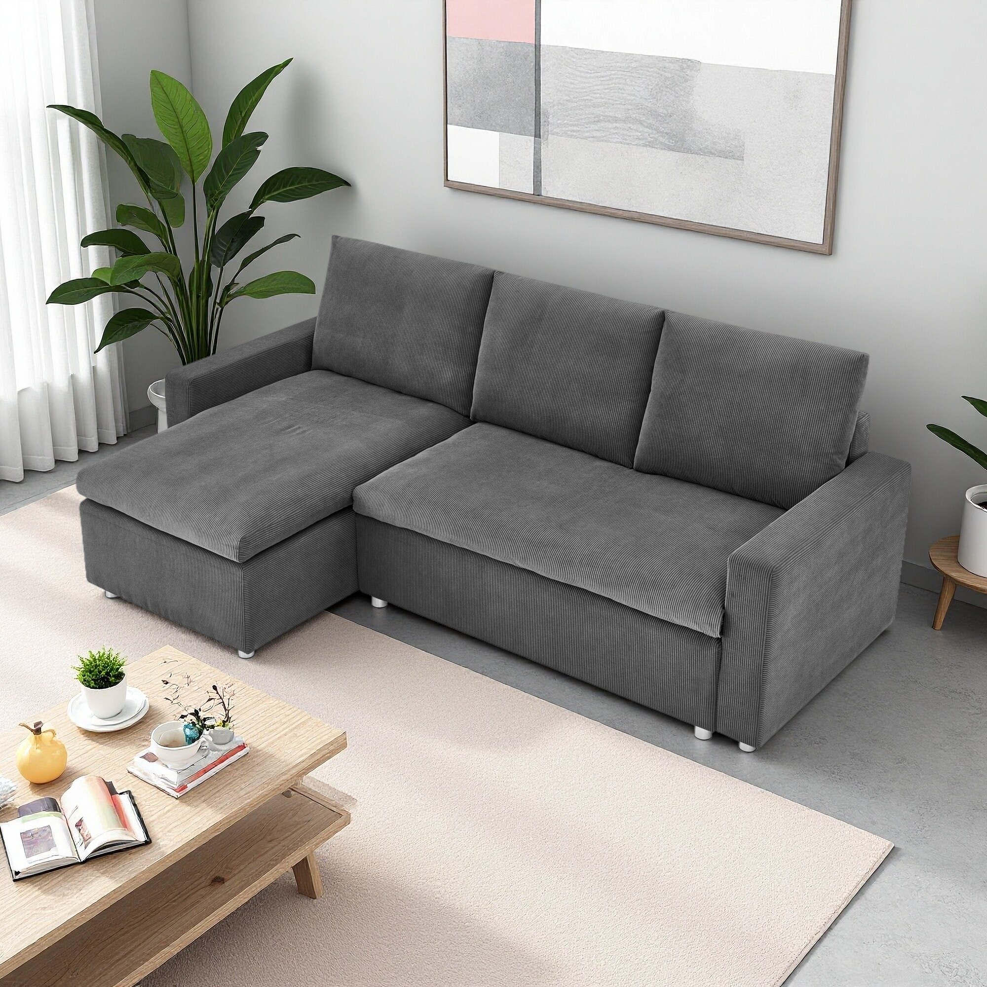 90" Corduroy Convertible L-Shaped Sleeper Sectional Sofa with Reversible Chaise