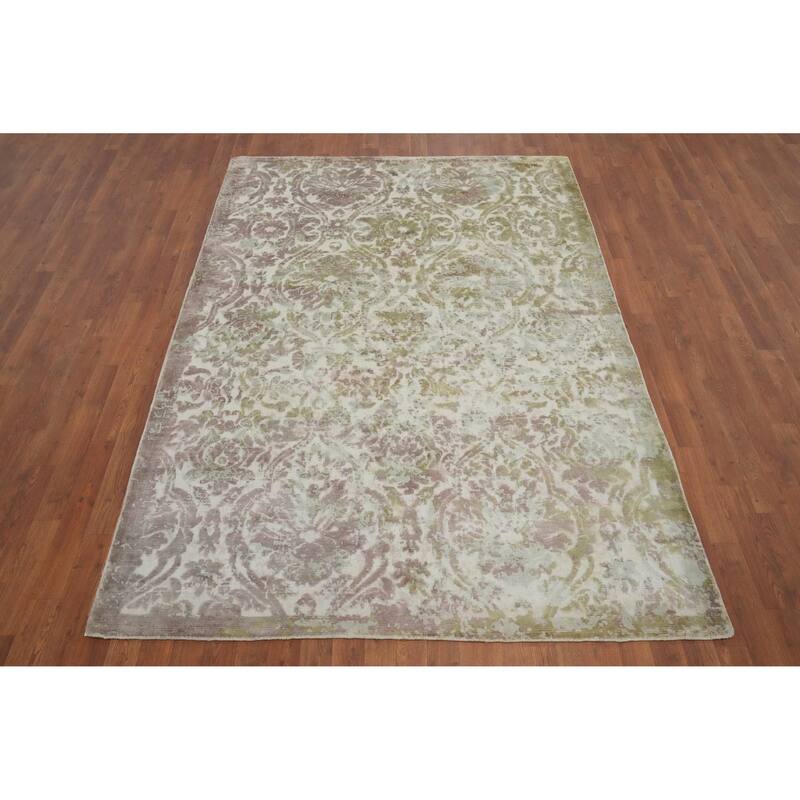 Hand Knotted Oriental Viscose Silk Carpet Modern Floral Multi-Colored Abstract Area Rug - 8' 1'' X 5' 7''