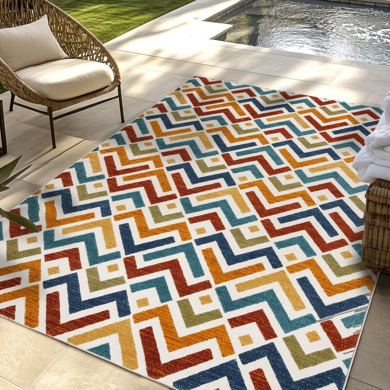 Gertmenian Kalari Modern Bold Multicolored High-Low UV Protected Polypropylene Woven Indoor/ Outdoor Area Rug Collection - 7'10"x10' - Tivra Multi