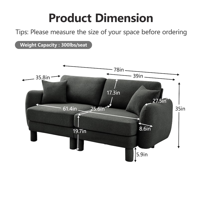Loveseat Sofa, 78" 2-Seater Upholstered Couch Modern Sectional Couches with Shell-shaped Armrests for Living Room