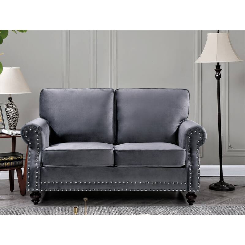 Suffield Velvet Nailhead Loveseat - Grey
